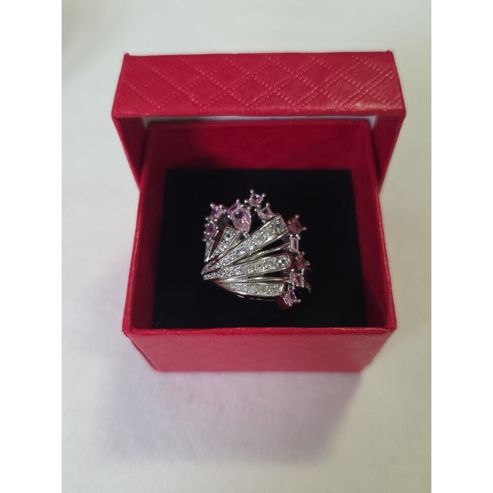 Starburst Fan Style Ring Pink Sparkly Clear Stones Silver Tone Metal Adjustable